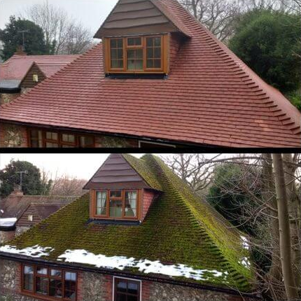 Roof cleaning example by Surrey Roofers, showcasing the before-and-after results of a professional roof cleaning service.